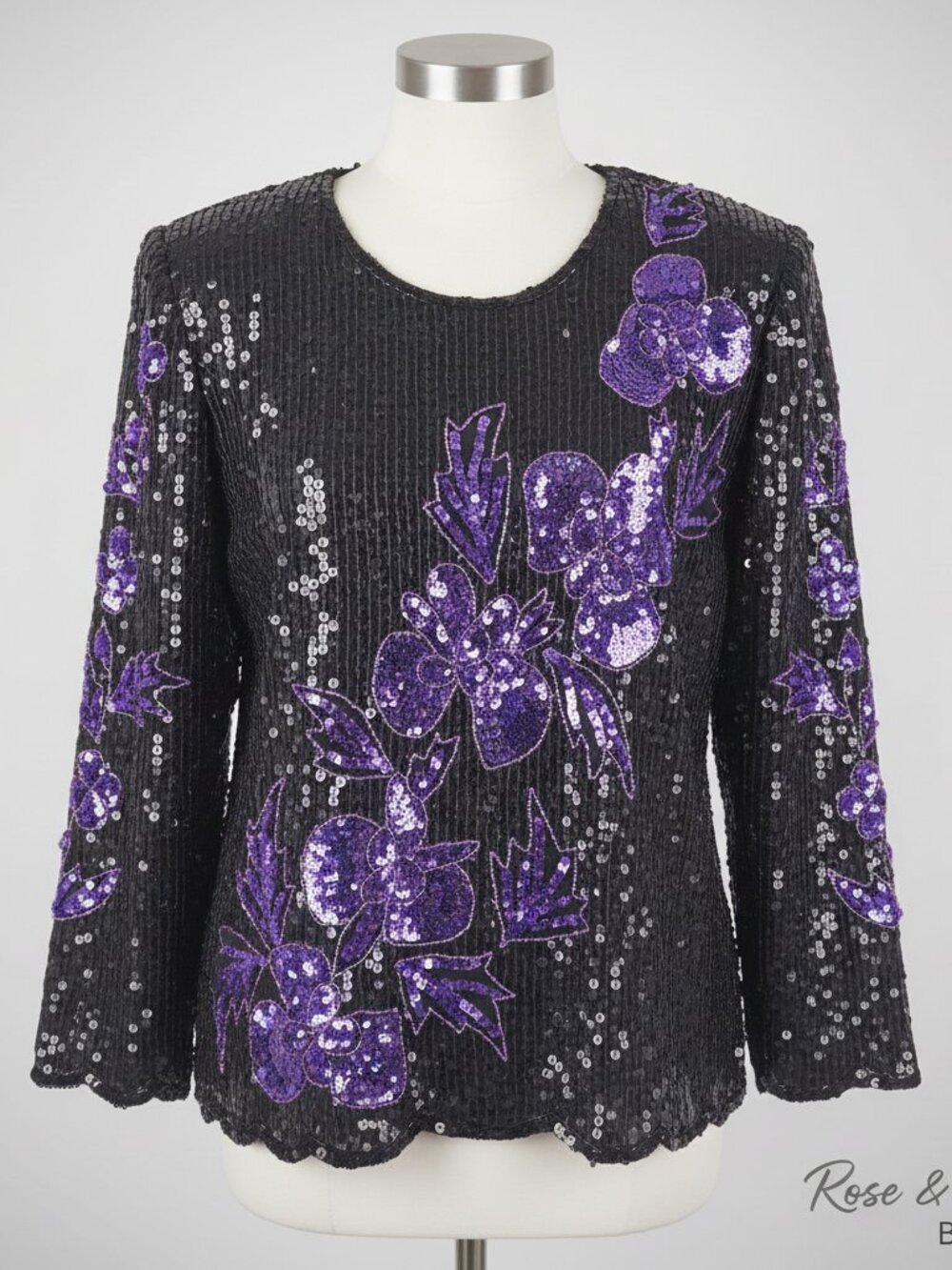 Nagpal Vintage Black Sequin Purple Floral Silk Blouse | Size M | 1980s Luxury